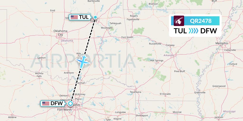QR2478 Qatar Airways Flight Map: Tulsa to Dallas