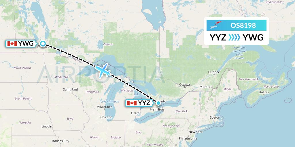 OS8198 Austrian Airlines Flight Map: Toronto to Winnipeg