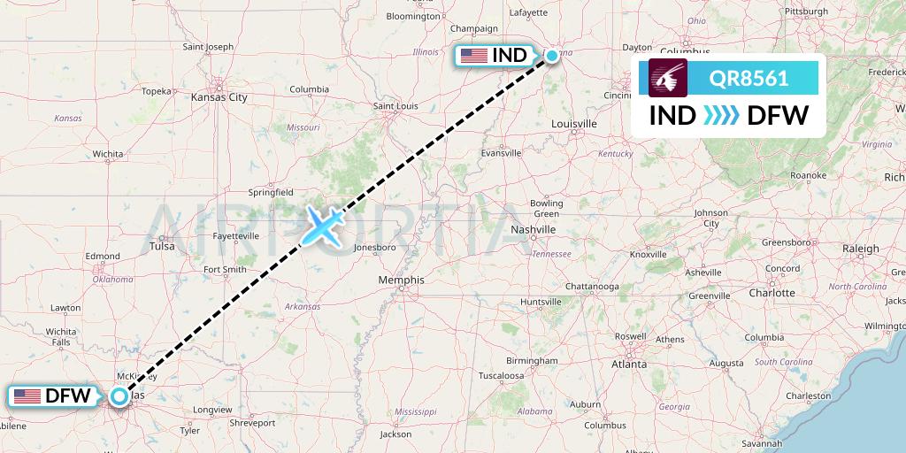 QR8561 Qatar Airways Flight Map: Indianapolis to Dallas