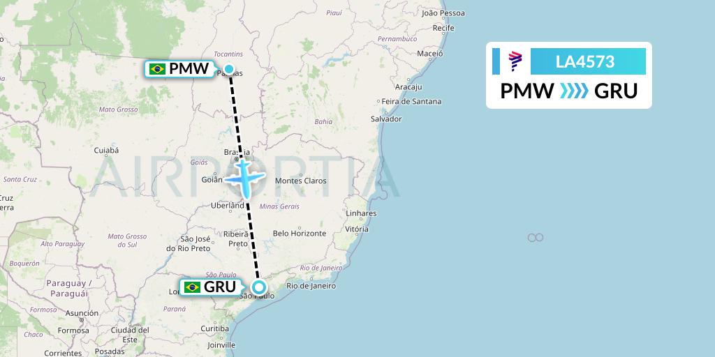 LA4573 LAN Airlines Flight Map: Palmas to Sao Paulo