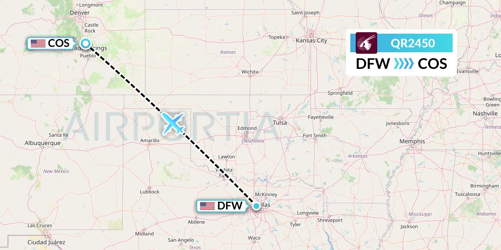 QR2450 Qatar Airways Flight Map: Dallas to Colorado Springs