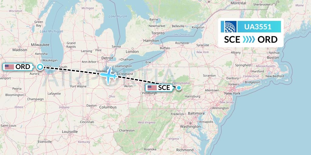 UA3551 United Airlines Flight Map: State College to Chicago
