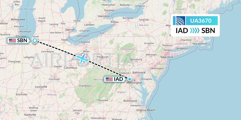 UA3670 United Airlines Flight Map: Washington to South Bend