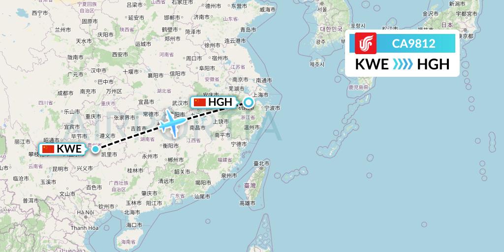 CA9812 Air China Flight Map: Guiyang to Hangzhou