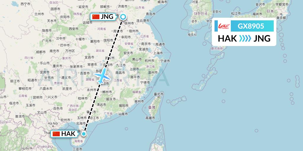 GX8905 GX Airlines Flight Map: Haikou to Jining