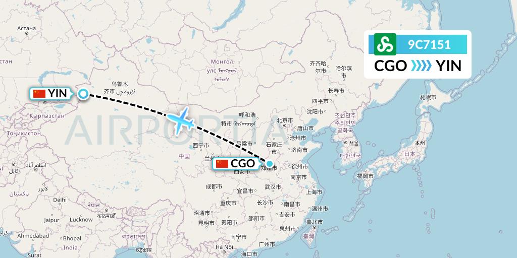 9C7151 Spring Airlines Flight Map: Zhengzhou to Yining