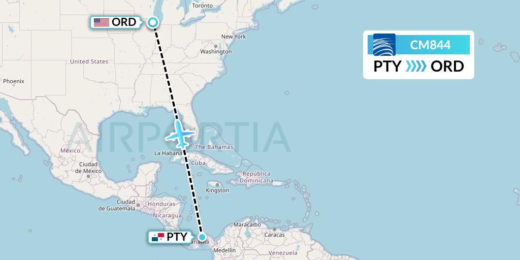CM844 Copa Airlines Flight Map: Panama City to Chicago