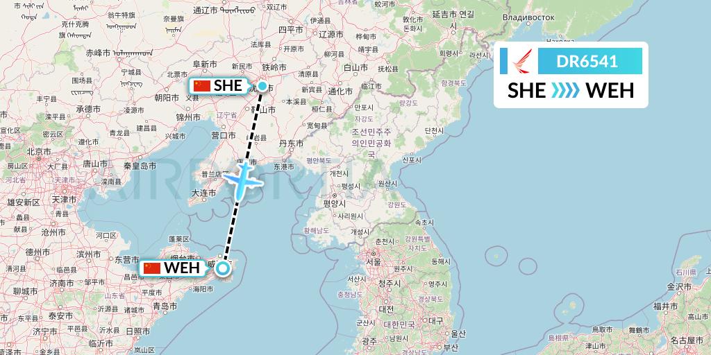 DR6541 Ruili Airlines Flight Map: Shenyang to Weihai