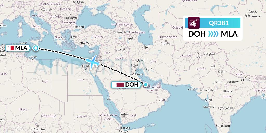 QR381 Qatar Airways Flight Map: Doha to Malta