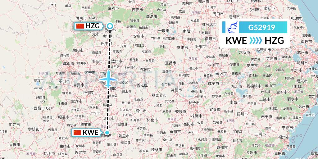 G52919 China Express Airlines Flight Map: Guiyang to Hanzhong