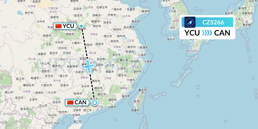 CZ5266 China Southern Airlines Flight Map: Yuncheng to Guangzhou