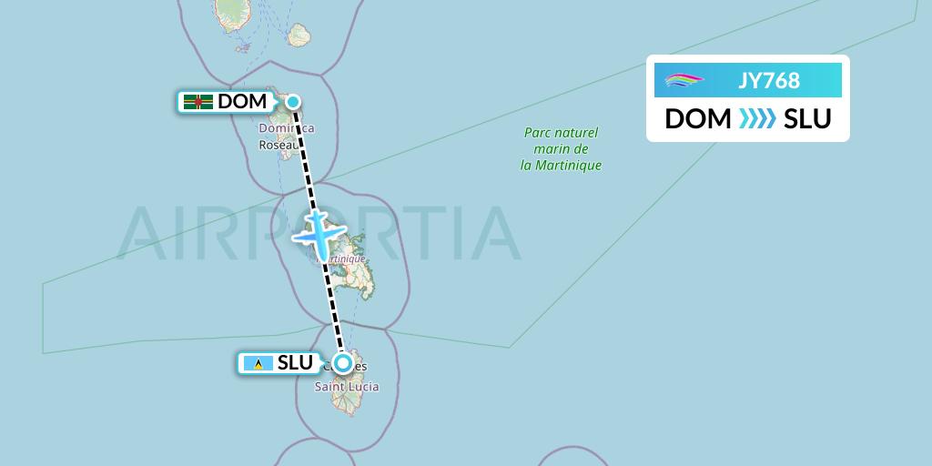 JY768 InterCaribbean Airways Flight Map: Dominica to Castries