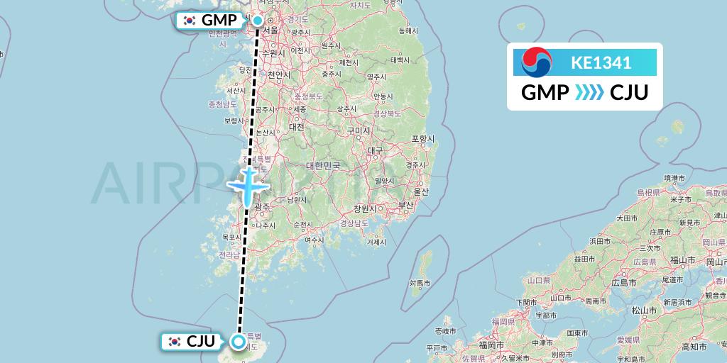 KE1341 Korean Air Flight Map: Seoul to Jeju