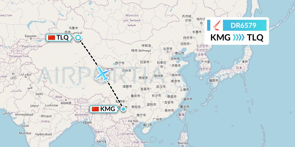 DR6579 Ruili Airlines Flight Map: Kunming to Turpan