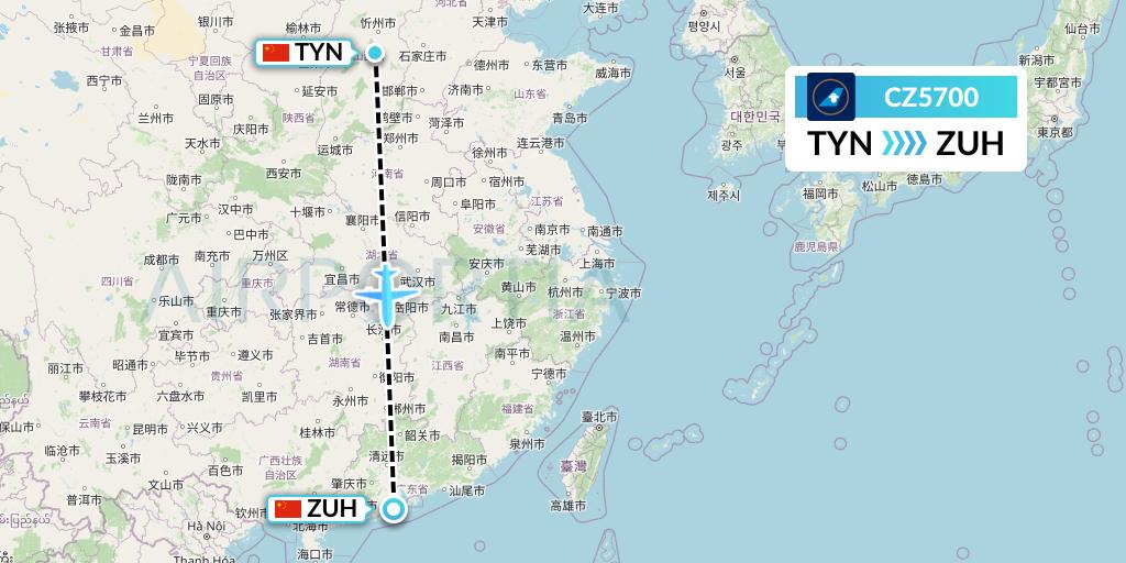 CZ5700 China Southern Airlines Flight Map: Taiyuan to Zhuhai