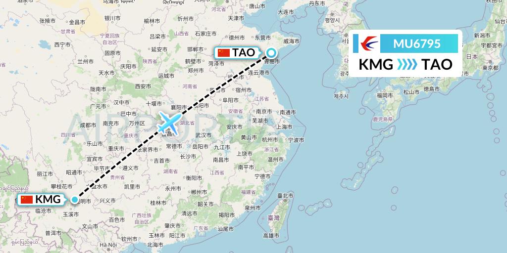 MU6795 China Eastern Airlines Flight Map: Kunming to Qingdao