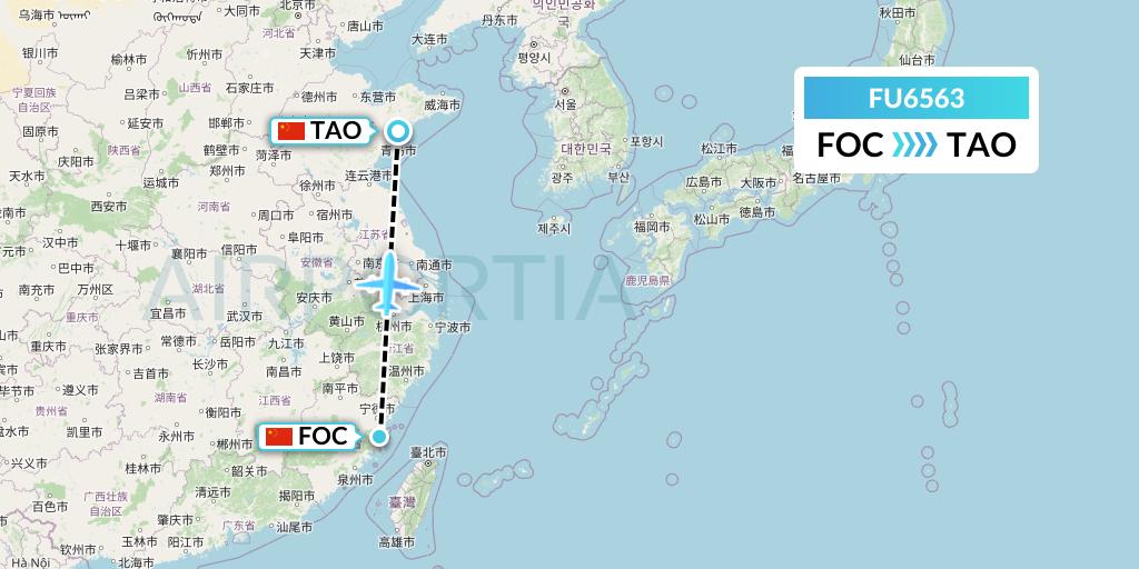 FU6563 Fuzhou Airlines Flight Map: Fuzhou to Qingdao