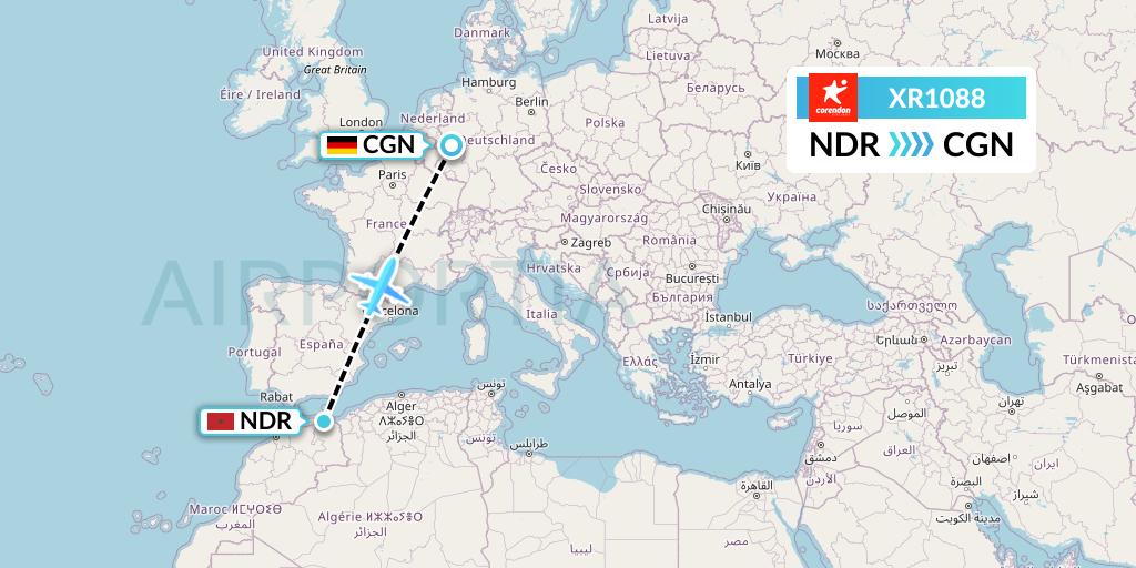 XR1088 Corendon Airlines Europe Flight Map: Nador to Cologne