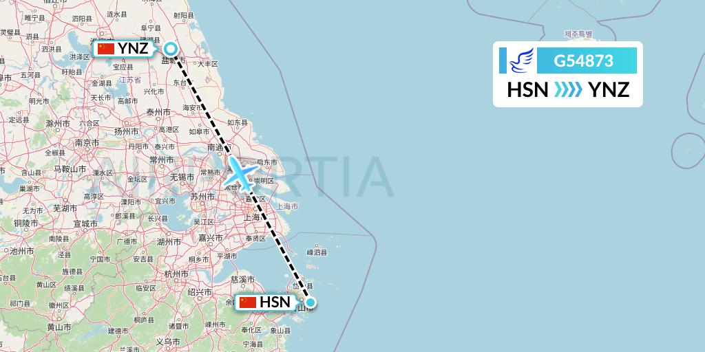 G54873 China Express Airlines Flight Map: Zhoushan to Yancheng