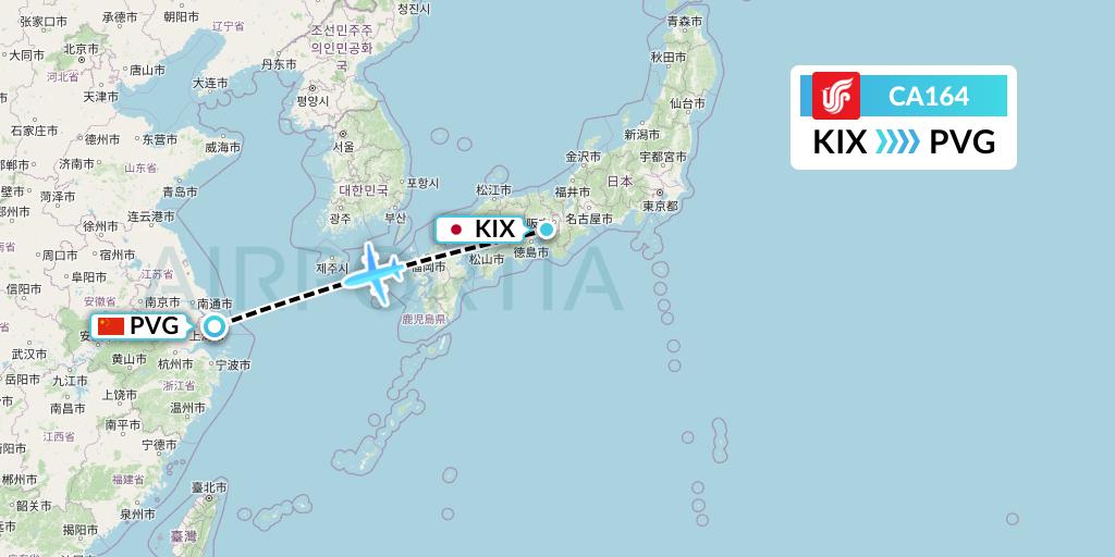 CA164 Air China Flight Map: Osaka to Shanghai