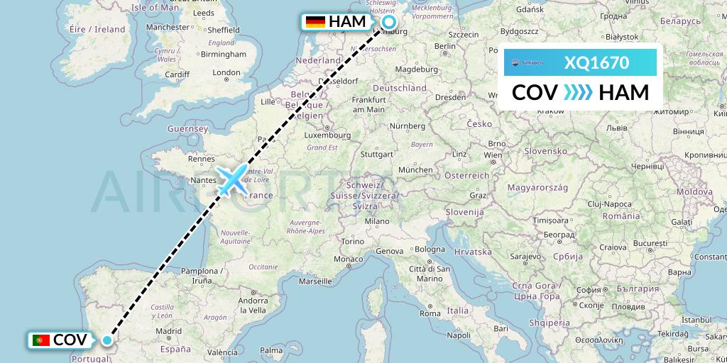 XQ1670 SunExpress Flight Map: Portugal to Hamburg