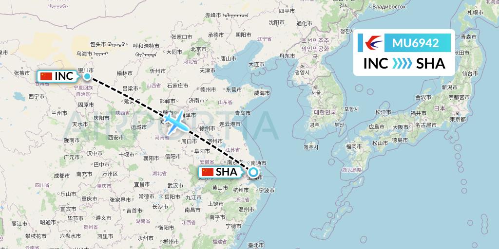 MU6942 China Eastern Airlines Flight Map: Yinchuan to Shanghai