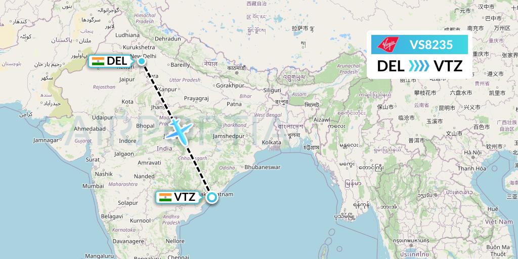 VS8235 Virgin Atlantic Airways Flight Map: Delhi to Visakhapatnam