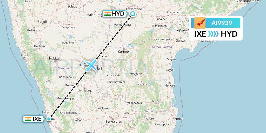 AI9939 Air India Flight Map: Mangalore to Hyderabad