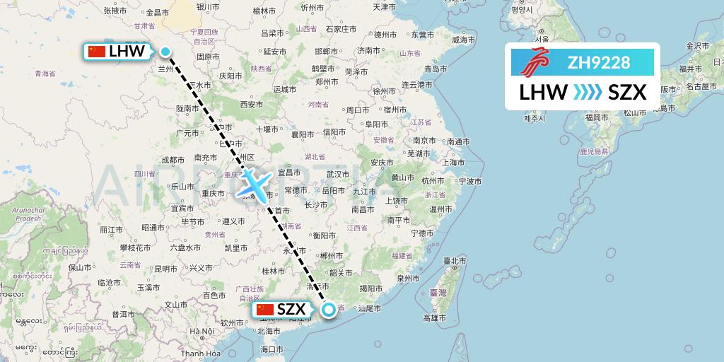 ZH9228 Shenzhen Airlines Flight Map: Lanzhou to Shenzhen