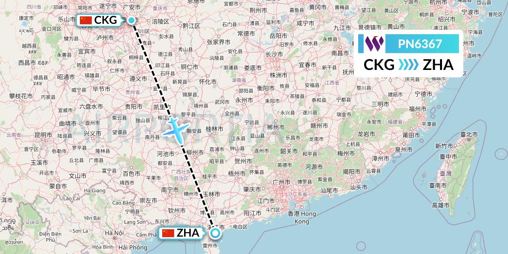 PN6367 China West Air Flight Map: Chongqing to Zhanjiang