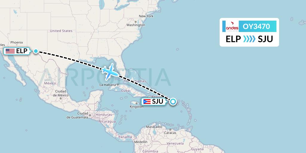 OY3470 Omni Air International Flight Map: El Paso to San Juan