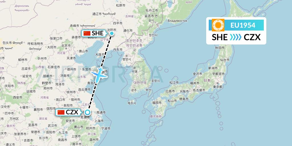 EU1954 Chengdu Airlines Flight Map: Shenyang to Changzhou