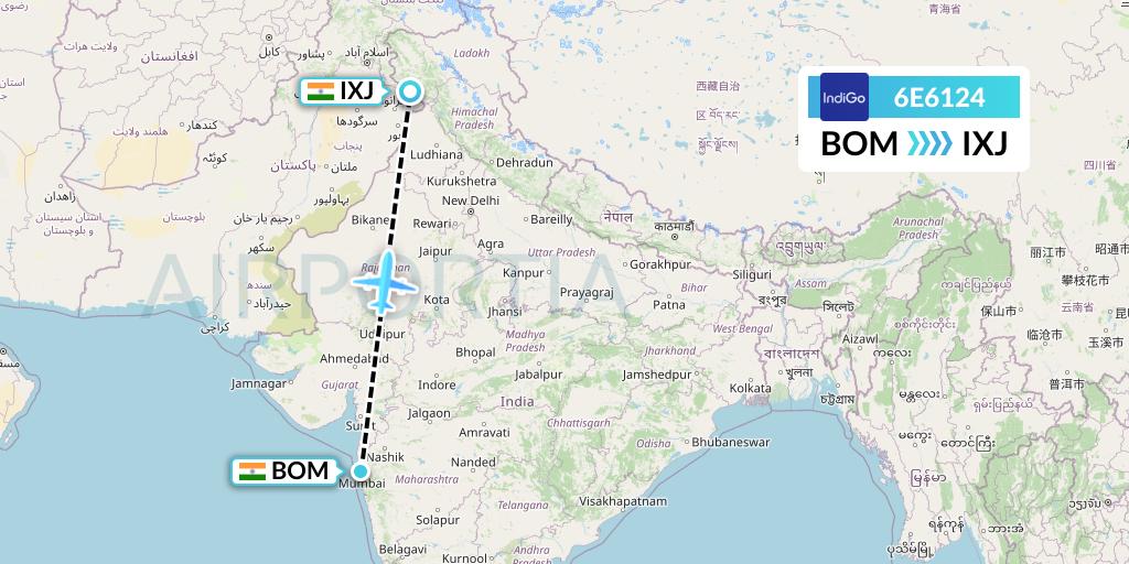 6E6124 IndiGo Airlines Flight Map: Mumbai to Jammu