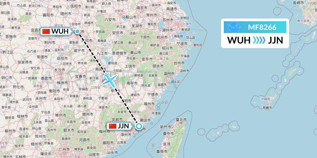MF8266 Xiamen Airlines Flight Map: Wuhan to Jinjiang