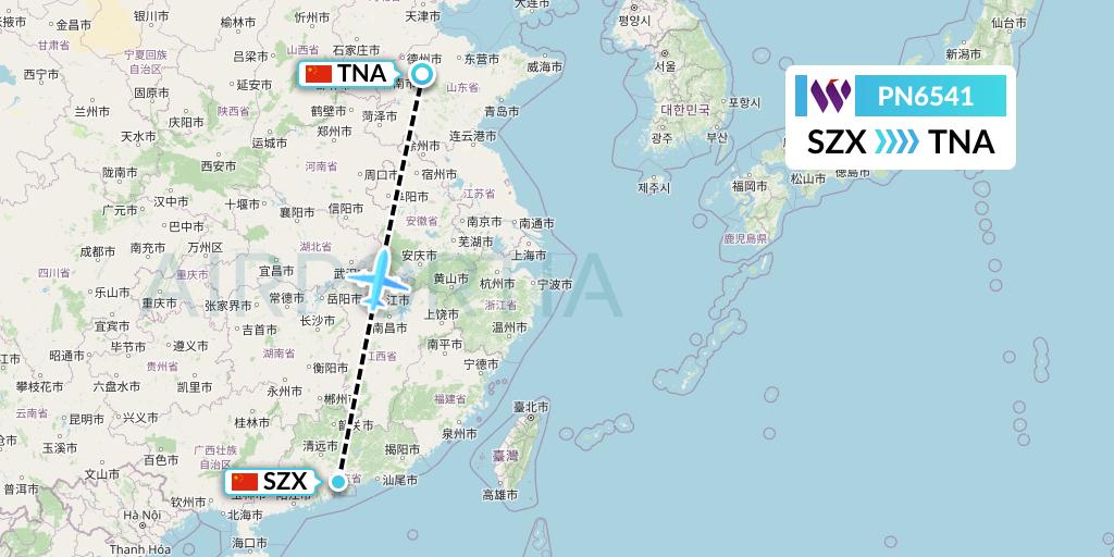 PN6541 China West Air Flight Map: Shenzhen to Jinan