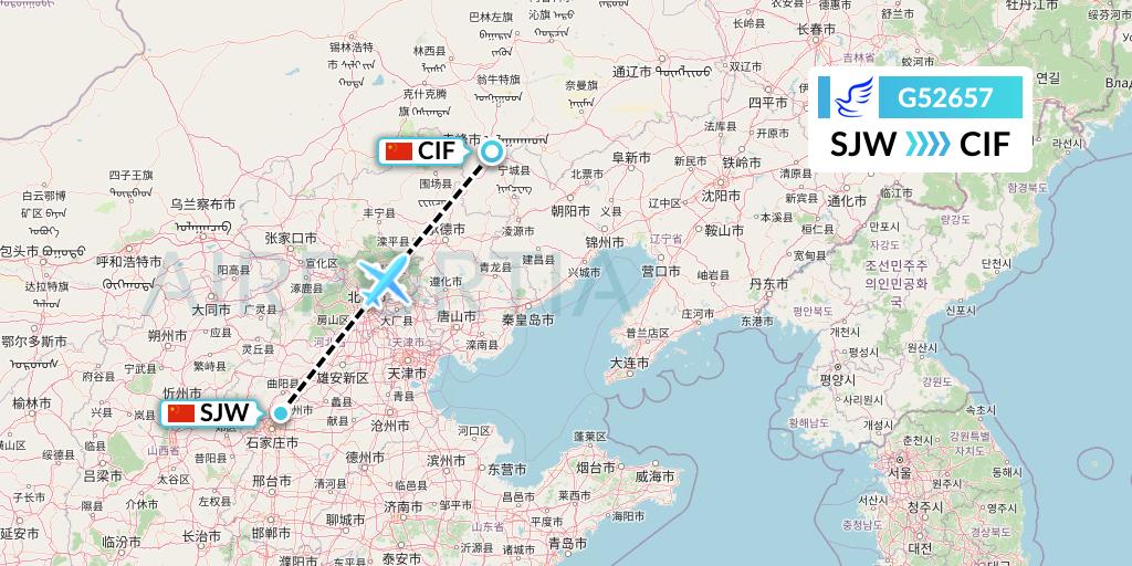 G52657 China Express Airlines Flight Map: Shijiazhuang to Chifeng