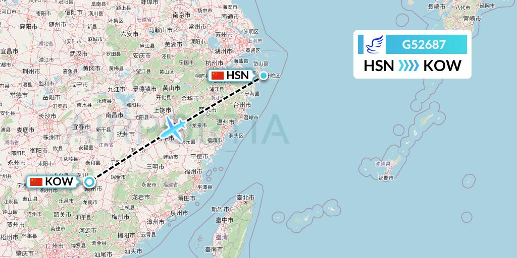 G52687 China Express Airlines Flight Map: Zhoushan to Ganzhou