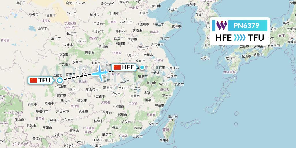 PN6379 China West Air Flight Map: Hefei to Chengdu