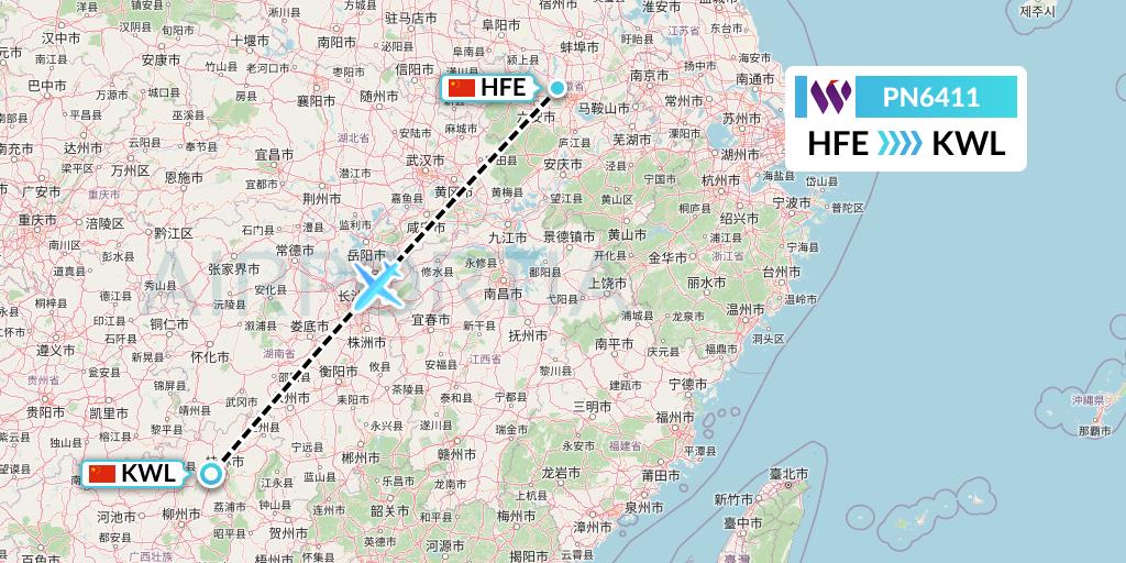 PN6411 China West Air Flight Map: Hefei to Guilin
