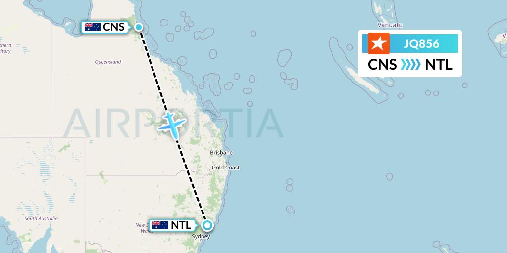JQ856 Jetstar Airways Flight Map: Cairns to Newcastle