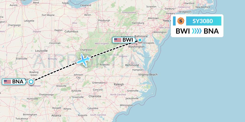 SY3080 Sun Country Airlines Flight Map: Baltimore to Nashville