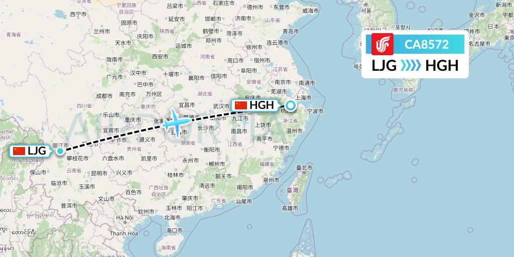 CA8572 Air China Flight Map: Lijiang to Hangzhou