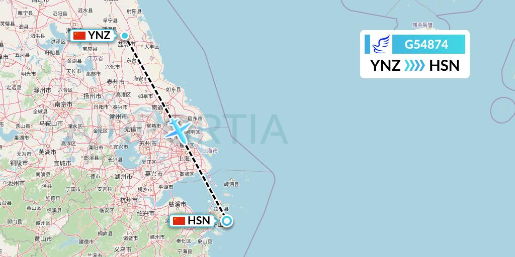 G54874 China Express Airlines Flight Map: Yancheng to Zhoushan