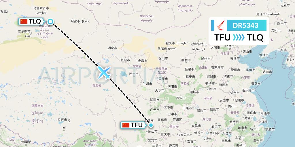 DR5343 Ruili Airlines Flight Map: Chengdu to Turpan