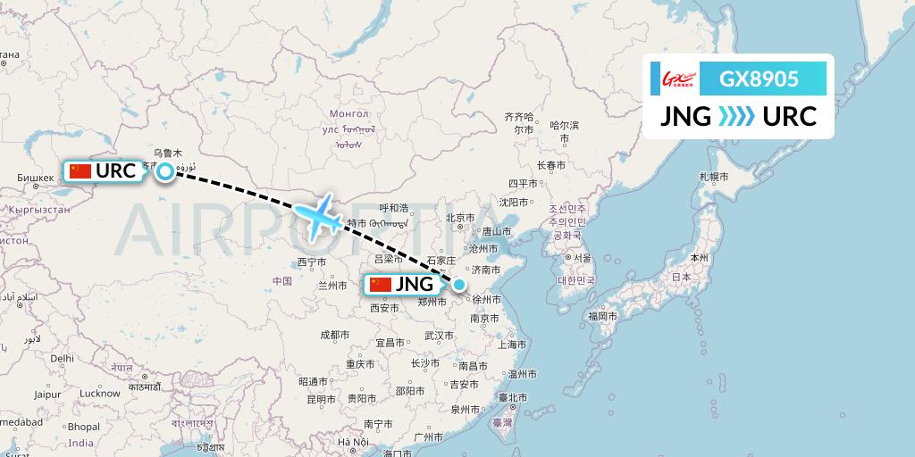 GX8905 GX Airlines Flight Map: Jining to Urumqi