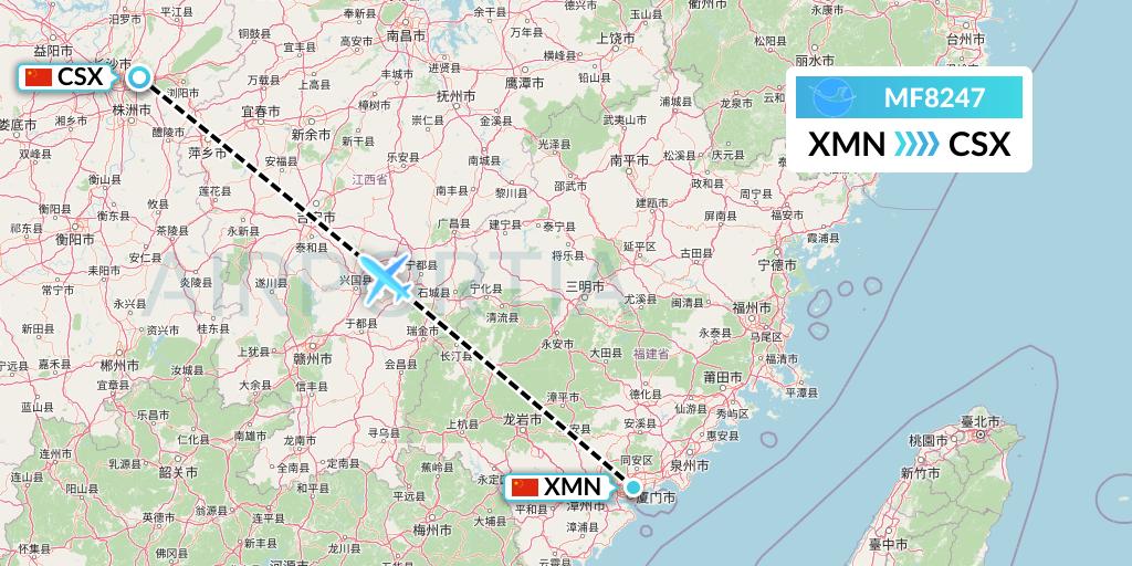 MF8247 Xiamen Airlines Flight Map: Xiamen to Changsha