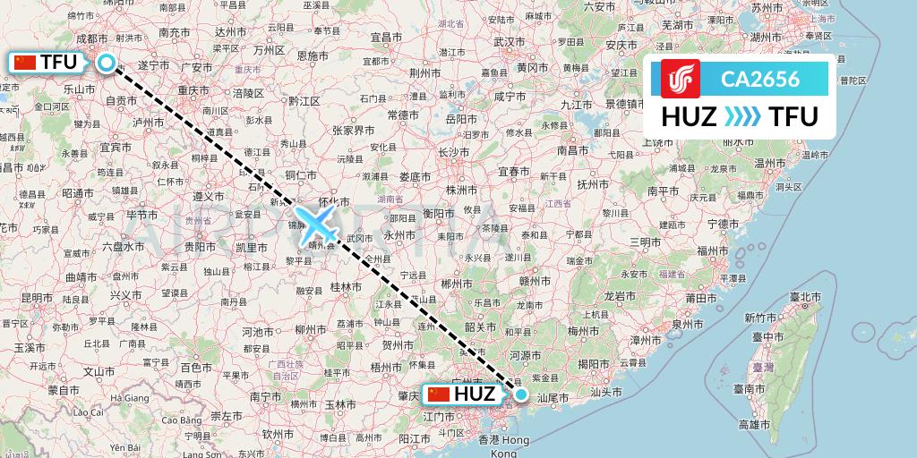 CA2656 Air China Flight Map: Huizhou to Chengdu
