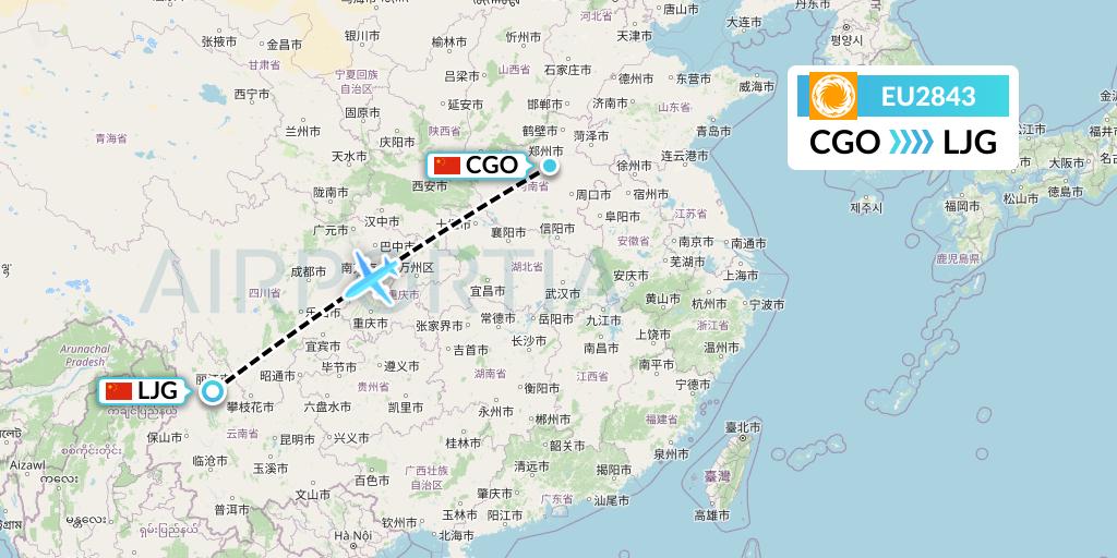 EU2843 Chengdu Airlines Flight Map: Zhengzhou to Lijiang