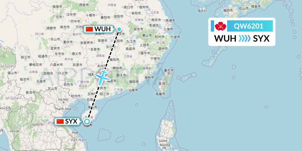 QW6201 Qingdao Airlines Flight Map: Wuhan to Sanya