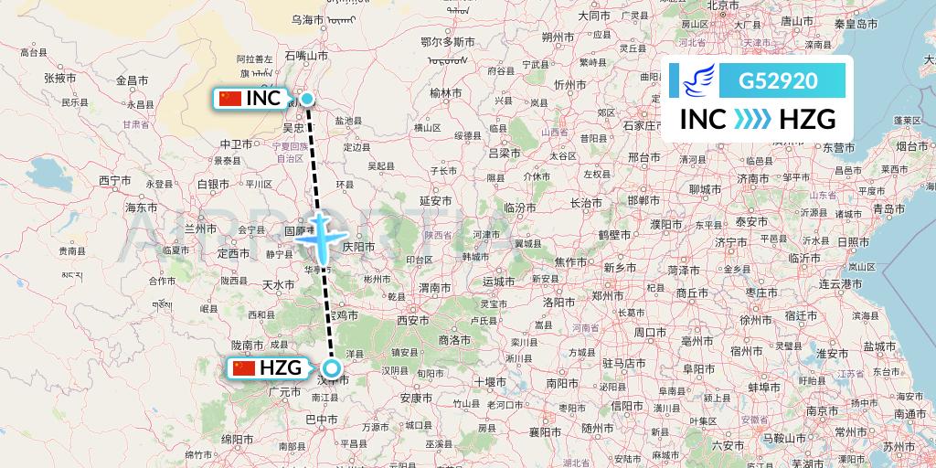 G52920 China Express Airlines Flight Map: Yinchuan to Hanzhong